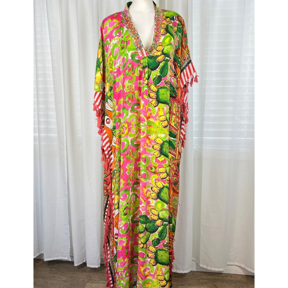 Antica Sartoria Beaded Tassel Kaftan Dress Pink Green OS Vacation Resort NEW - Picture 2 of 16